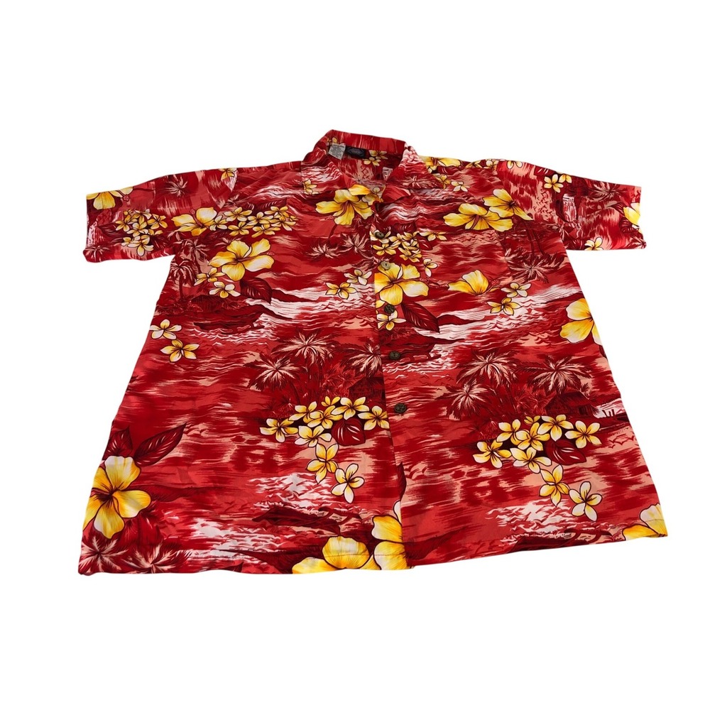Trading Maui Company Mens Red Tropical Hibiscus Palm Tree Hawaiian Shirt‎ XL Vtg